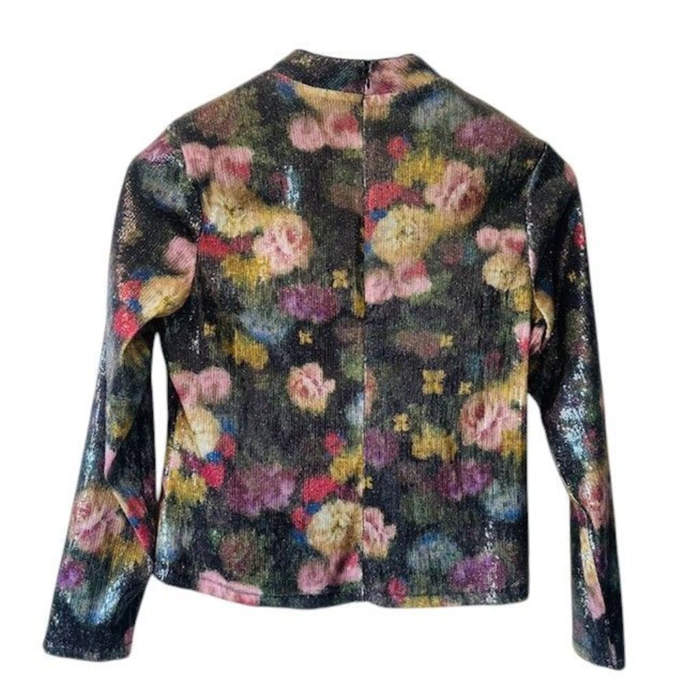 NWT Nicole Miller Floral Sequin Mock Neck Long Sleeve‎ Top Shimmer Blouse Size L